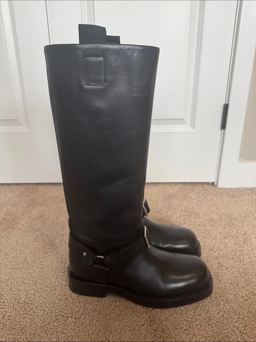 Burberry Black Leather Knee High Buckle Boots